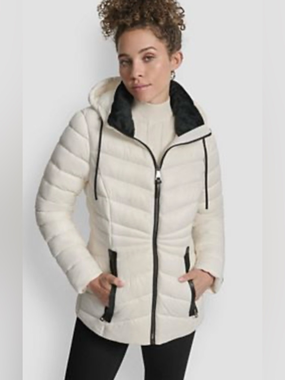 DKNY Puffer Jacket NWT Ivory White Black Soft Trim Hooded Coat Small 5°F Warmth